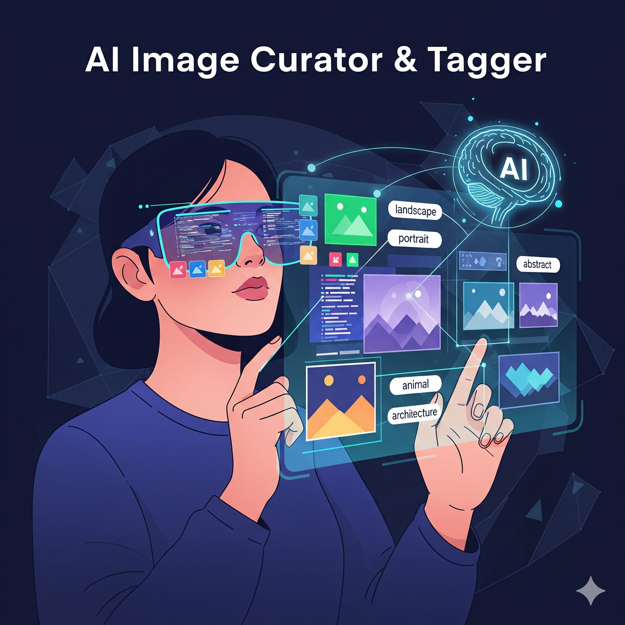 Person with futuristic interface organizing digital images with AI assistance, showing various image categories like landscape, portrait, abstract, animal, and architecture