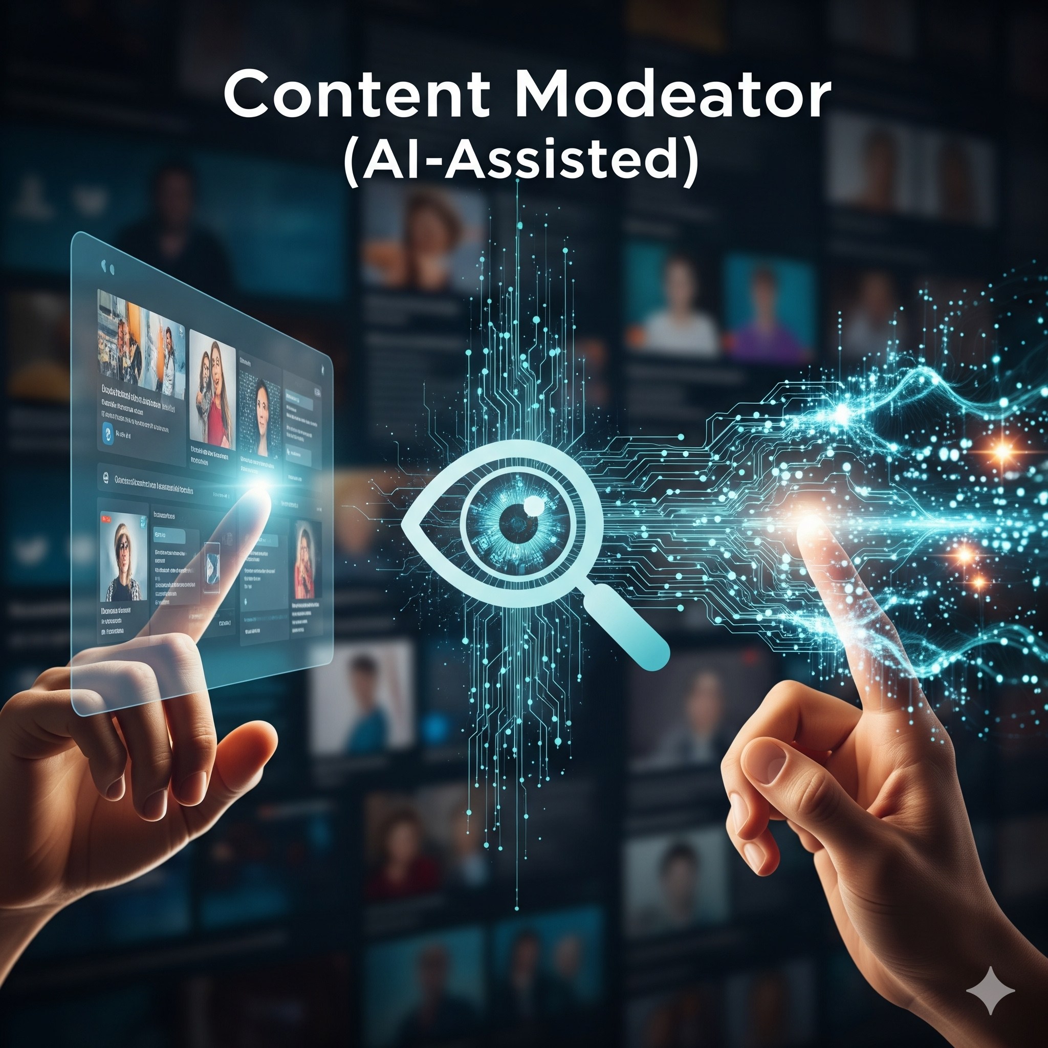 Futuristic content moderation interface showing hands interacting with AI systems and user content review dashboard