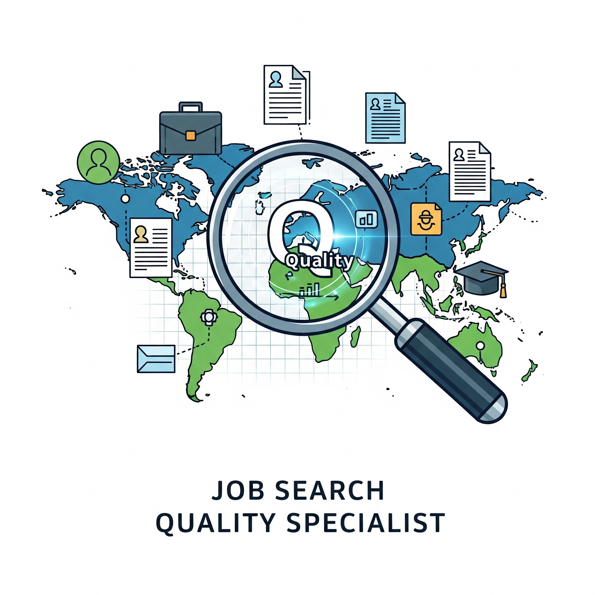 Global search quality evaluation with magnifying glass over world map and document icons